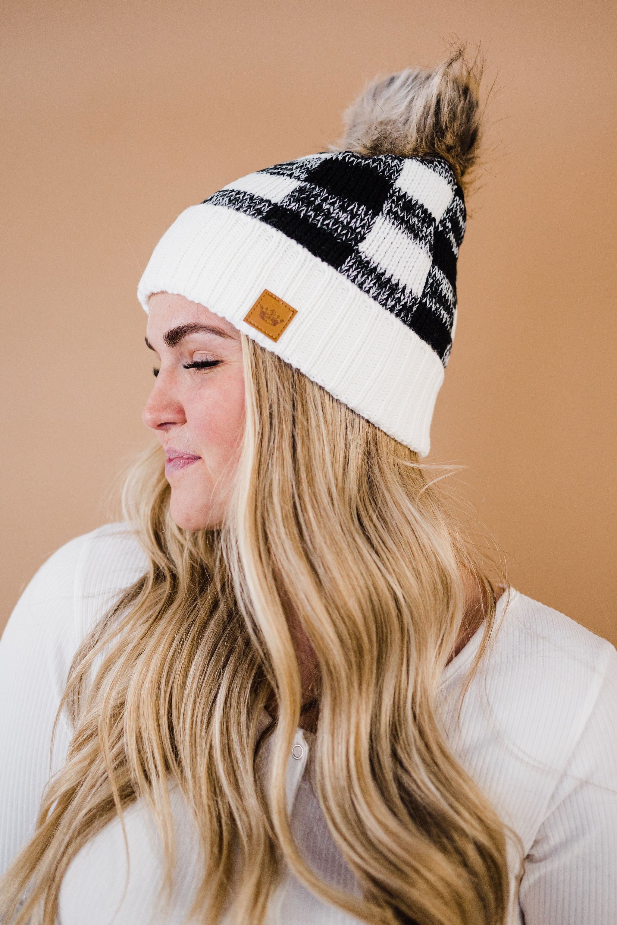 Toasty Warm Fleece Lined Hat- White &amp; Black - Mulberry Skies