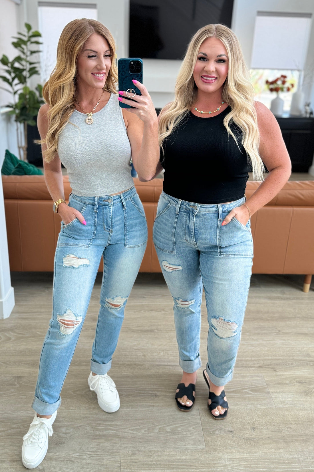 Aiden High Rise Patch Pocket Distressed Boyfriend Jeans - Mulberry Skies