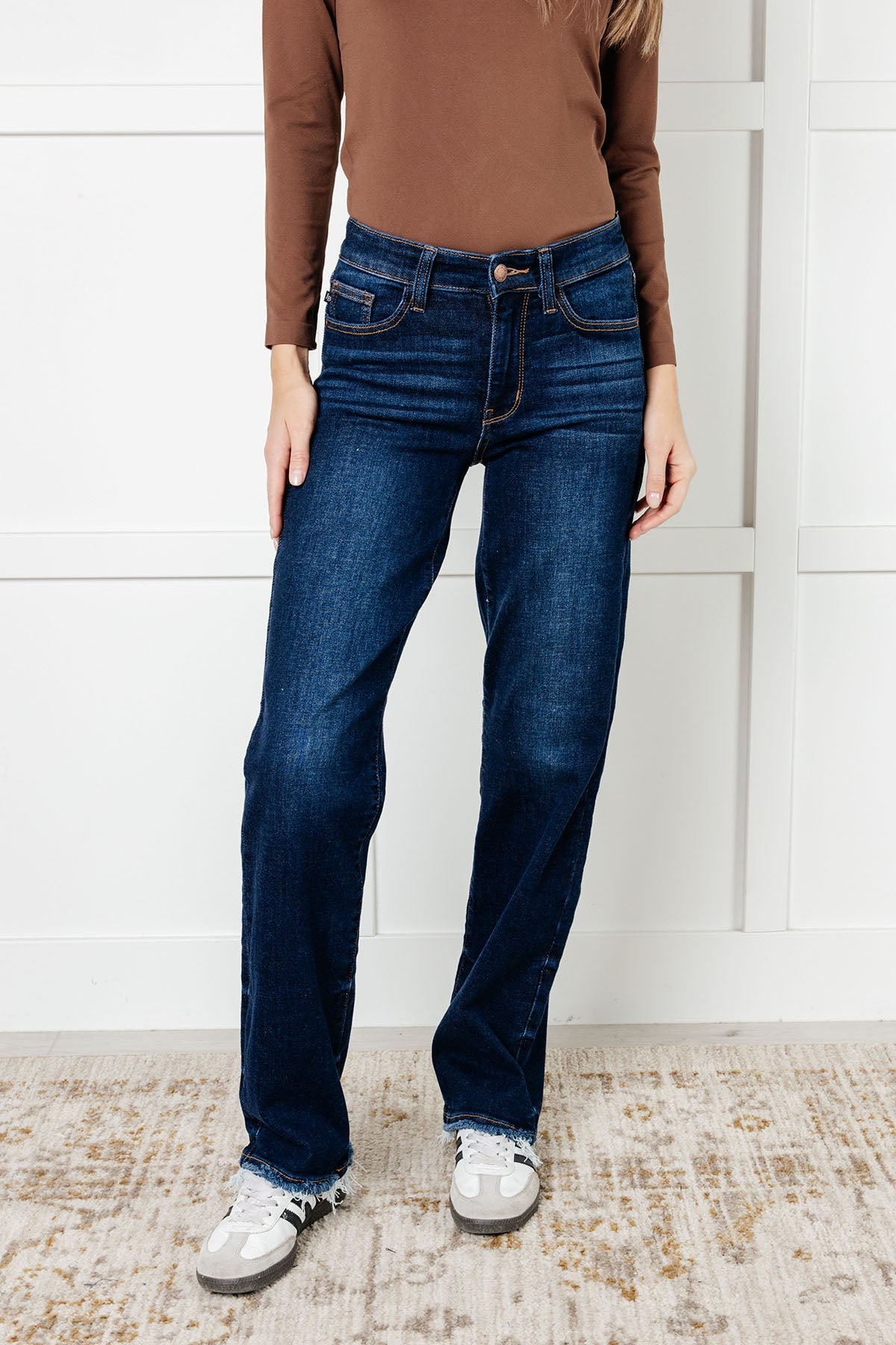 Jacqueline Mid Rise Frayed Hem Straight Leg Jean