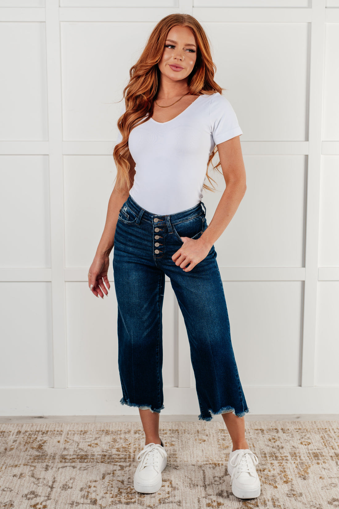 Janice High Rise Button Fly Wide Leg Crop Jeans - Mulberry Skies