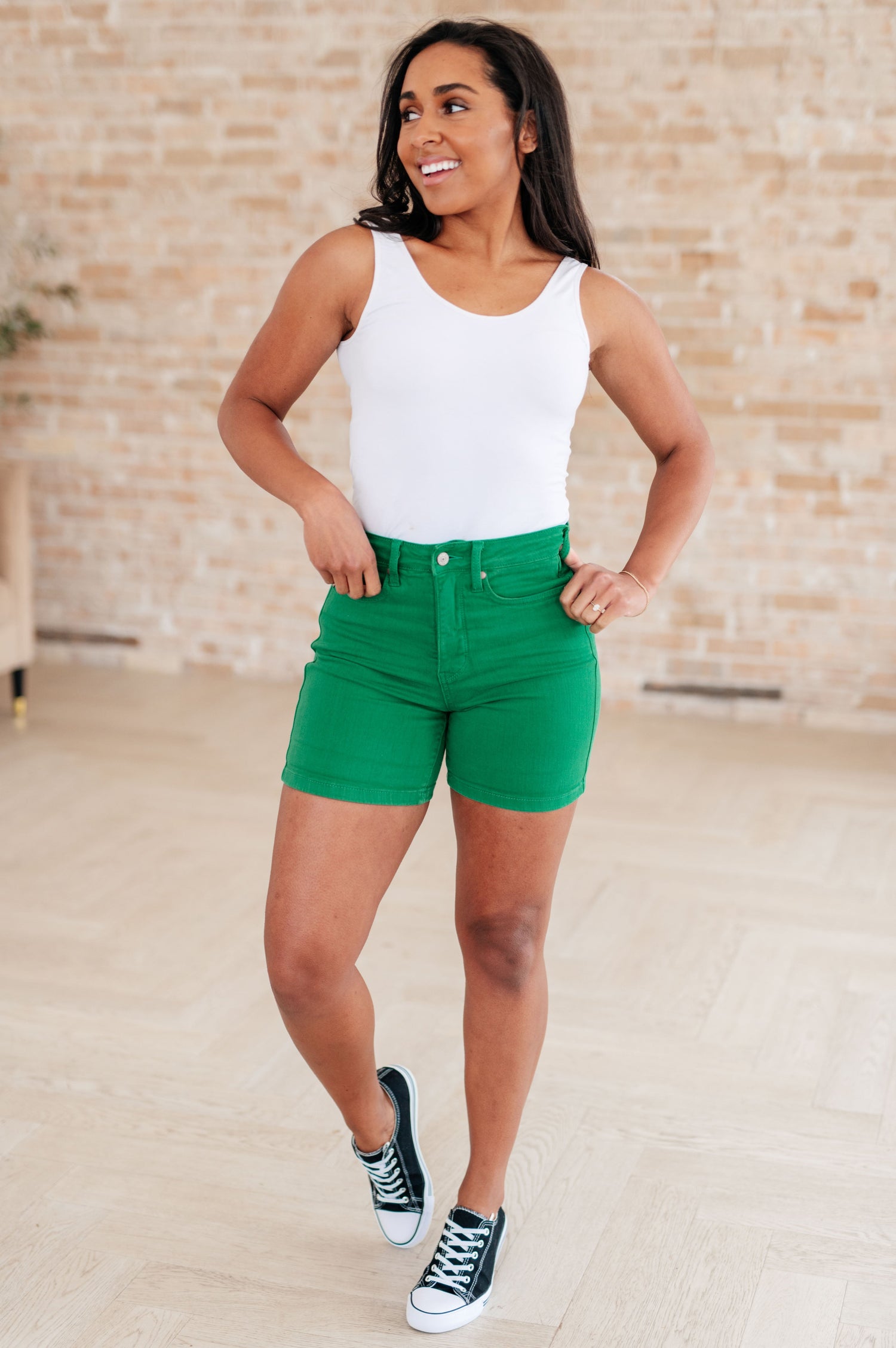 Jenna High Rise Control Top Cuffed Shorts in Green - Mulberry Skies