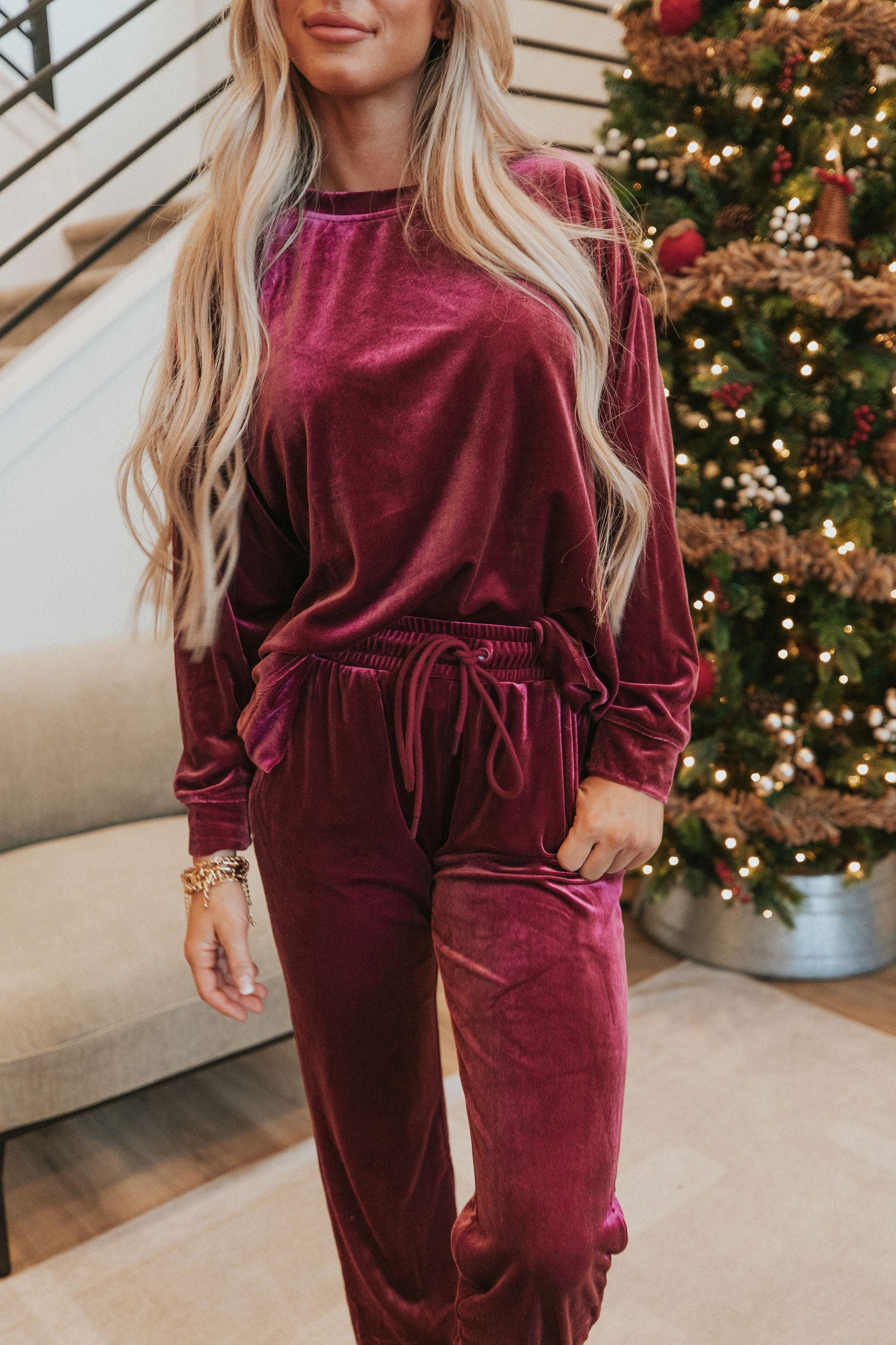 Cozy And Content Velvet Jogger Set - Mulberry Skies