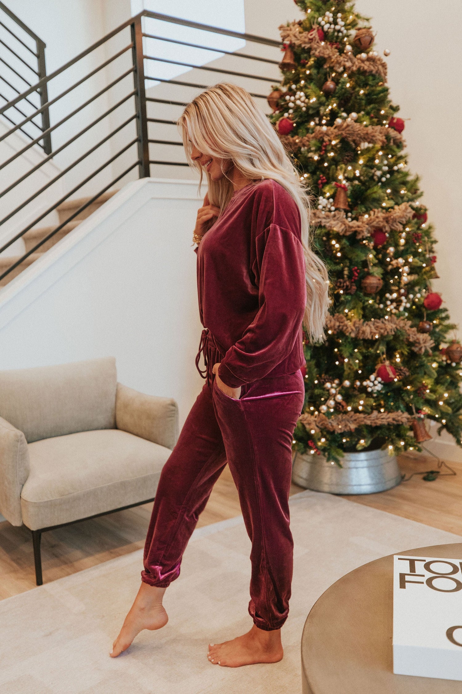 Cozy And Content Velvet Jogger Set - Mulberry Skies