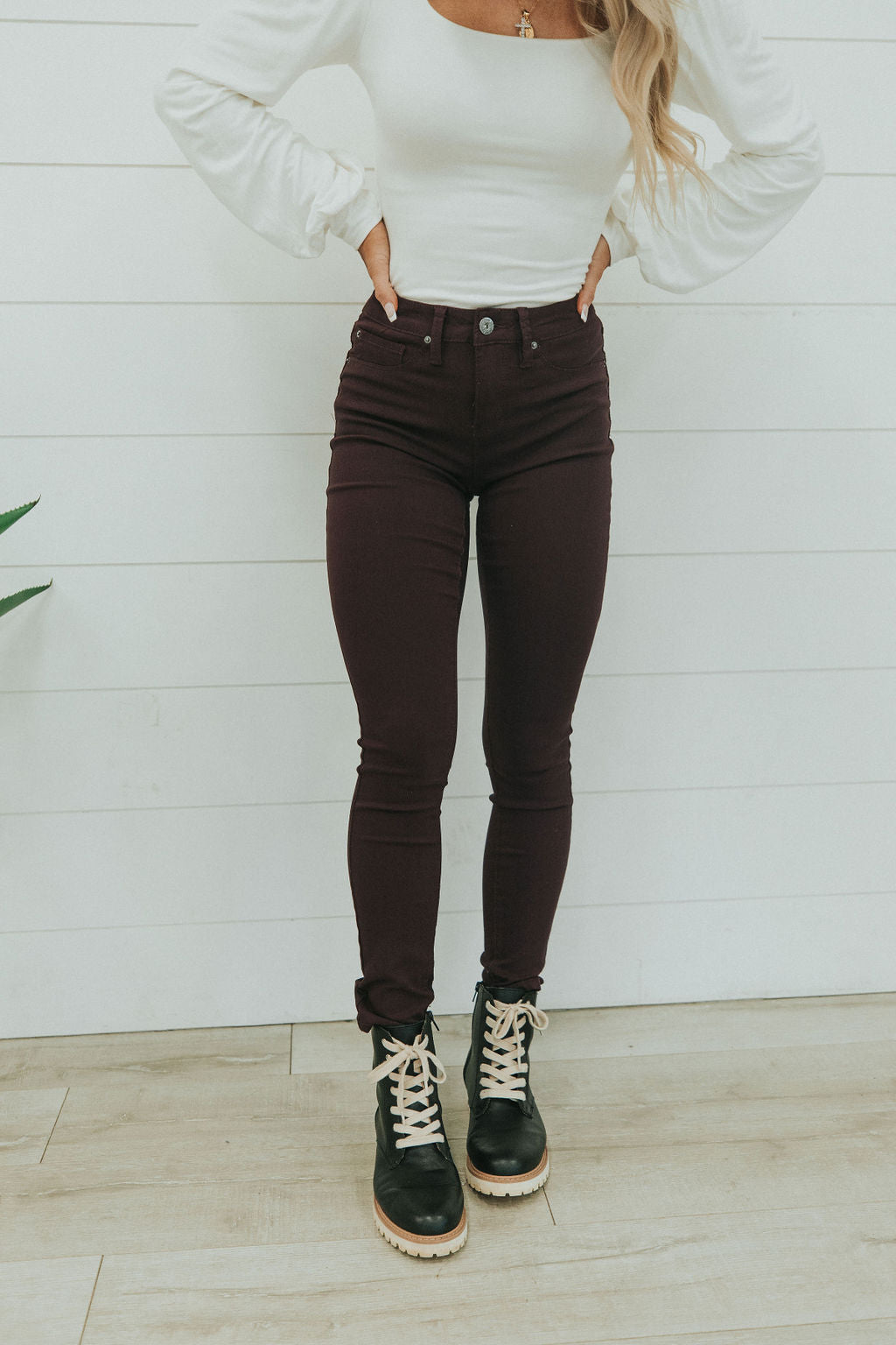 Step Right Up Hyper-Stretch Skinny Jeans - Plum - Mulberry Skies
