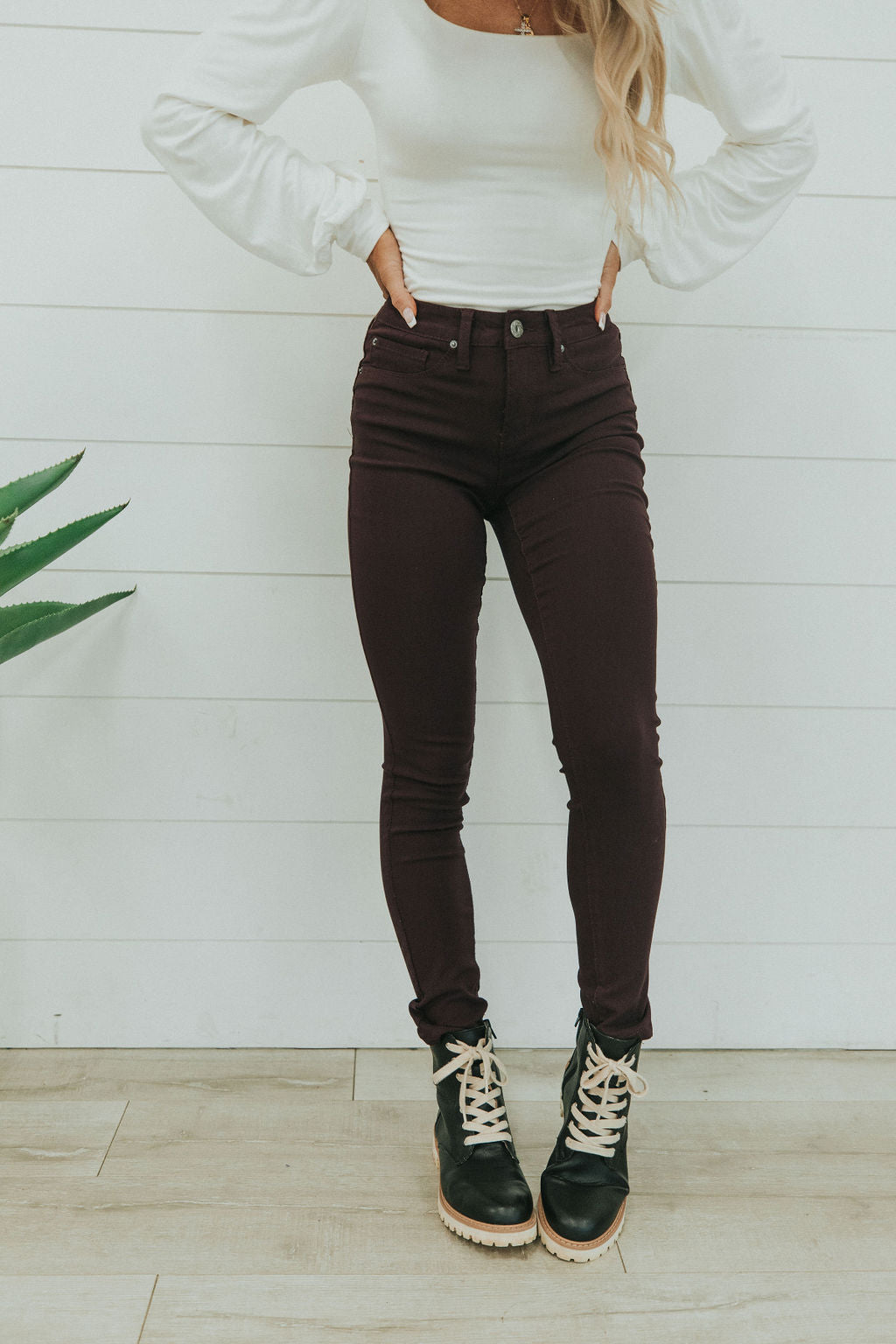 Step Right Up Hyper-Stretch Skinny Jeans - Plum - Mulberry Skies
