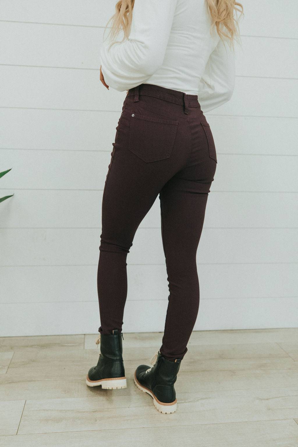 Step Right Up Hyper-Stretch Skinny Jeans - Plum - Mulberry Skies