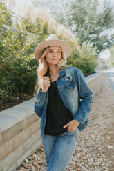 Happy Right Now Distressed Denim Jacket - Mulberry Skies