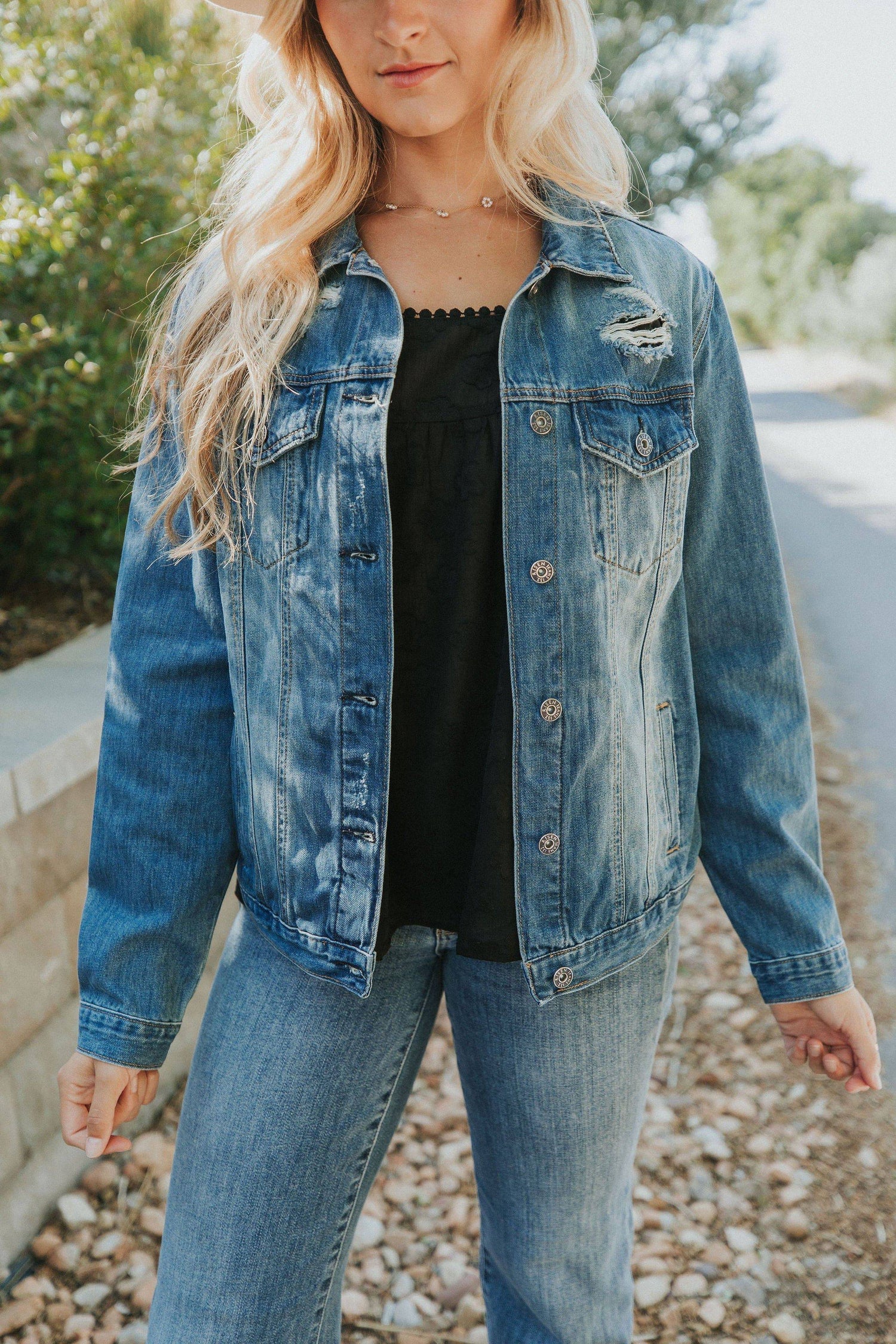 Happy Right Now Distressed Denim Jacket - Mulberry Skies