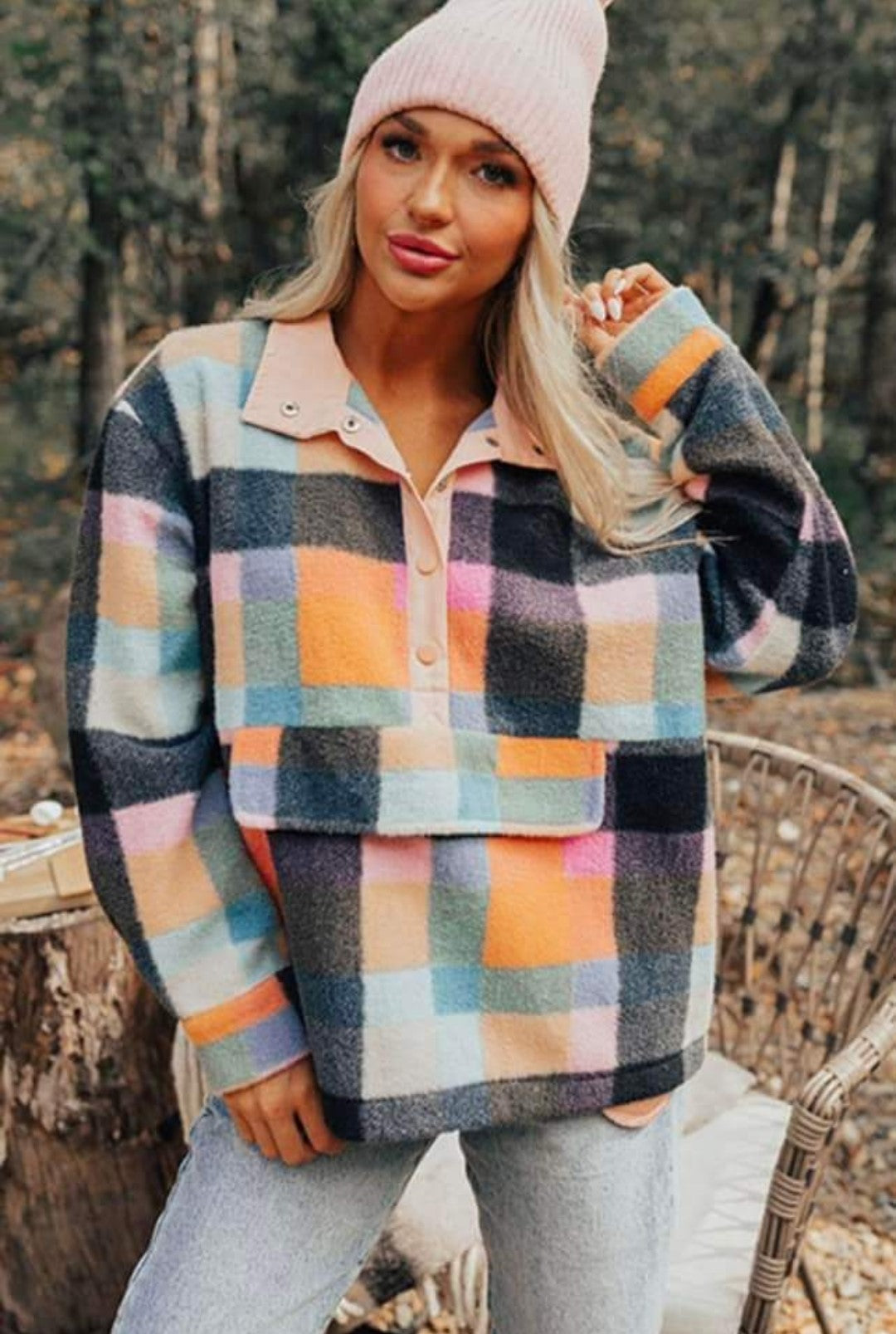 Fuzzy Half Button Down Flannel Pullover