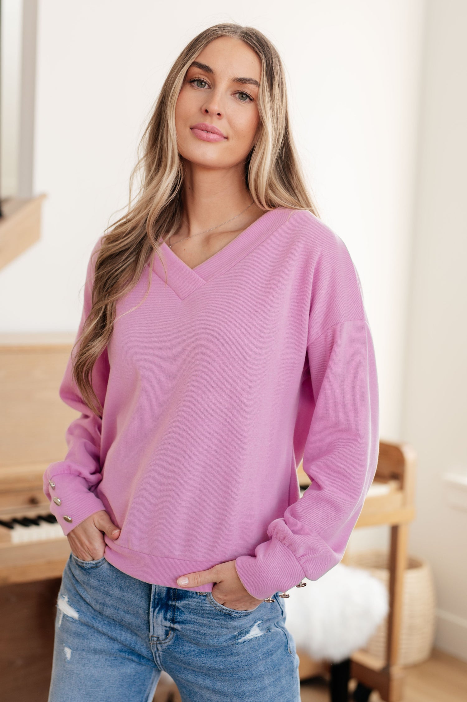 Totally Verified Long Sleeve V-Neck Top - Mulberry Skies