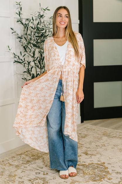 Tropical Kimono with Elastic Waist Tie in Milk Tea
