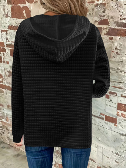 Texture Button Detail Drawstring Long Sleeve Hoodie