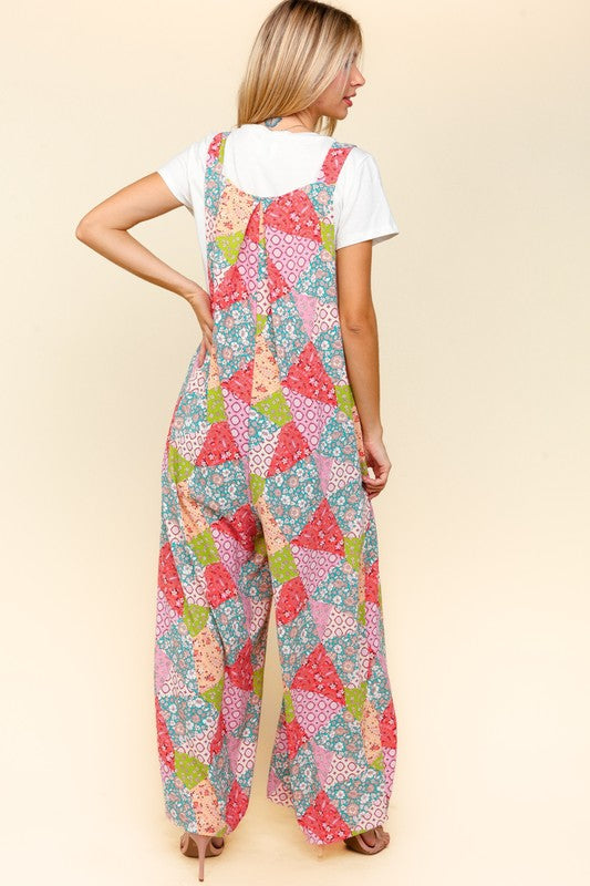 Printed Wide Leg Overalls with Side Pockets