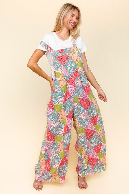 Printed Wide Leg Overalls with Side Pockets