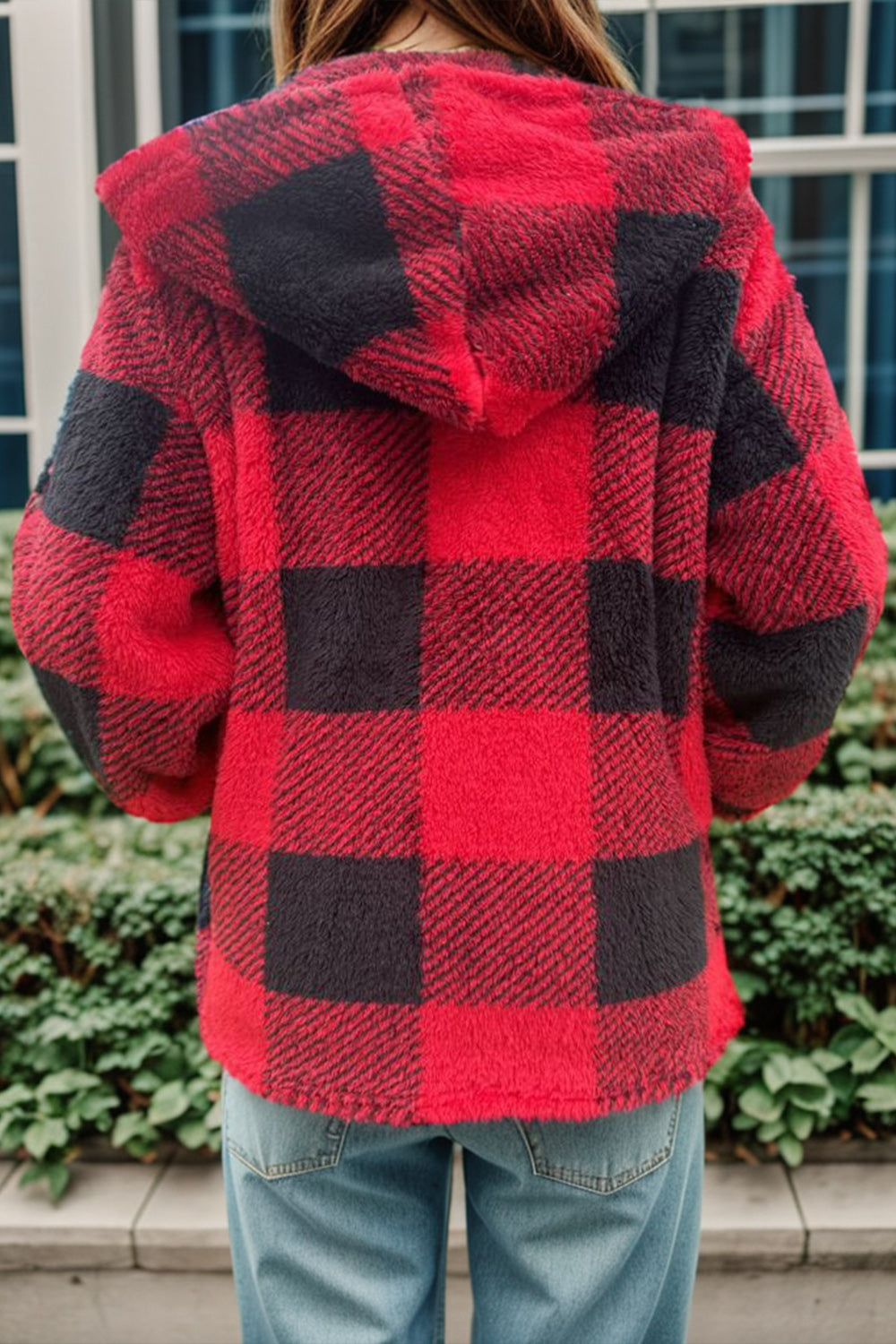 Double Take Plaid Long Sleeve Hooded Coat