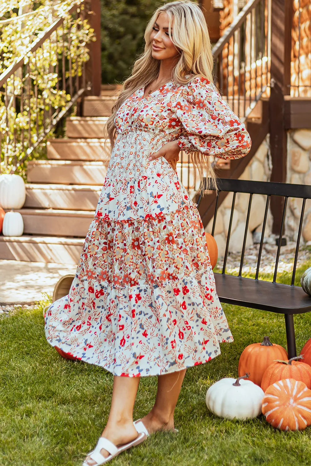 Printed V-Neck Lantern Sleeve Midi Dress