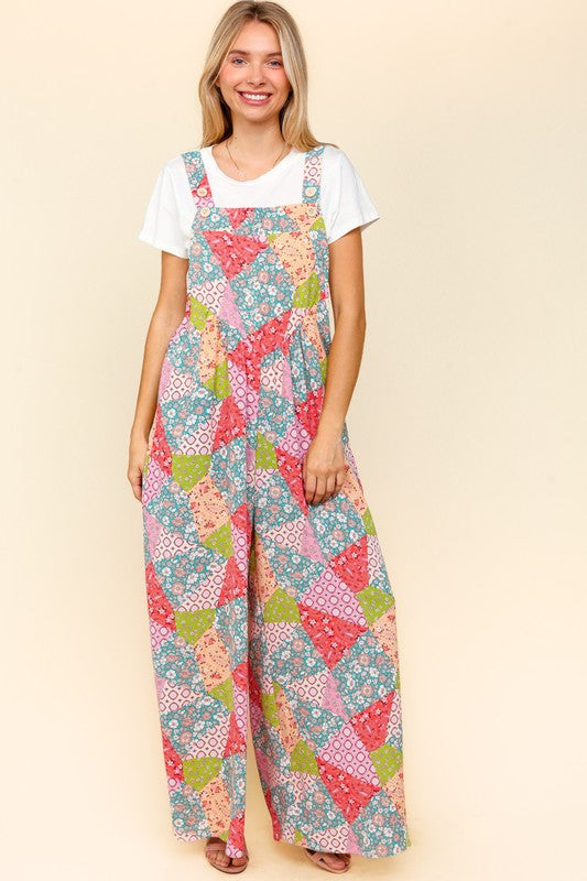 Printed Wide Leg Overalls with Side Pockets