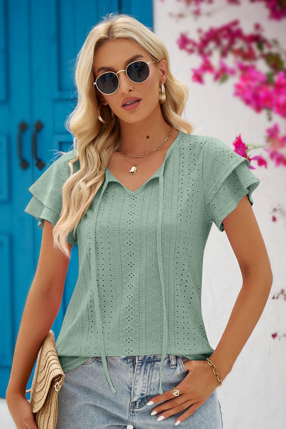 Eyelet Tie-Neck Flutter Sleeve Blouse - Mulberry Skies