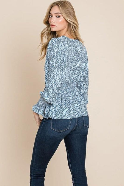 Blue Smocked Waist Ditsy Print Blouse - Mulberry Skies