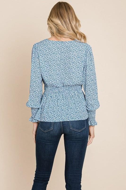 Blue Smocked Waist Ditsy Print Blouse - Mulberry Skies