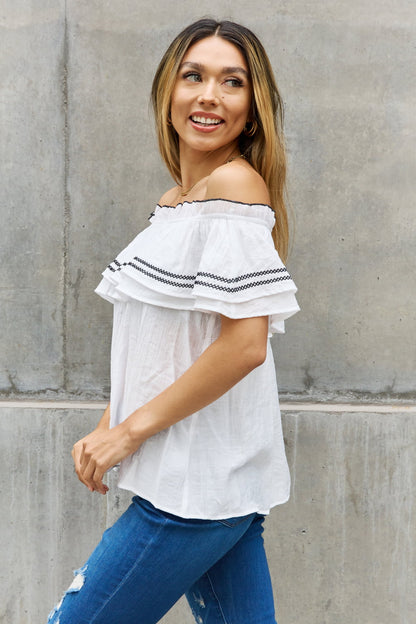 ODDI Full Size Off The Shoulder Ruffle Blouse - Mulberry Skies