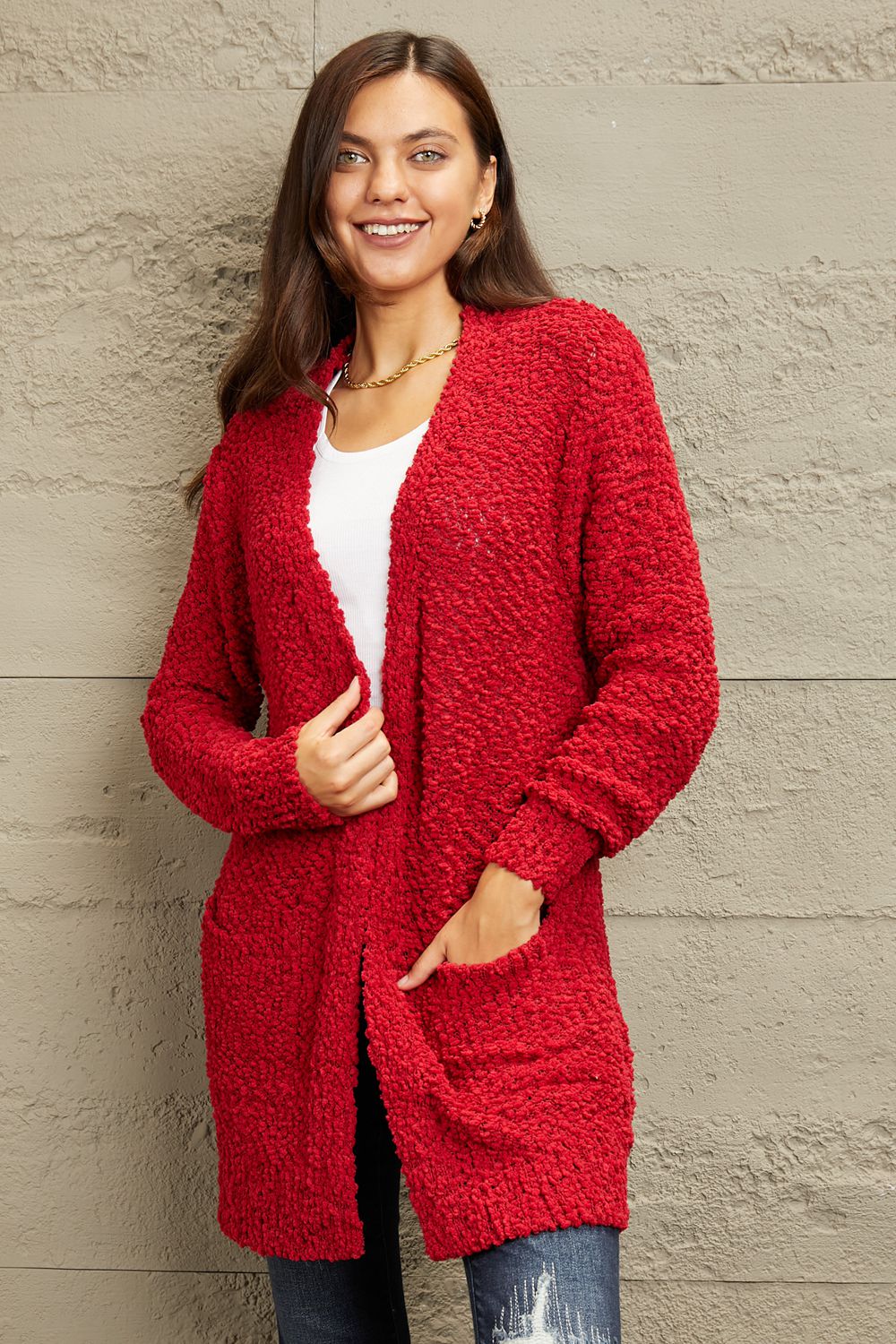 Falling For You Open Front Popcorn Cardigan - Red - Mulberry Skies