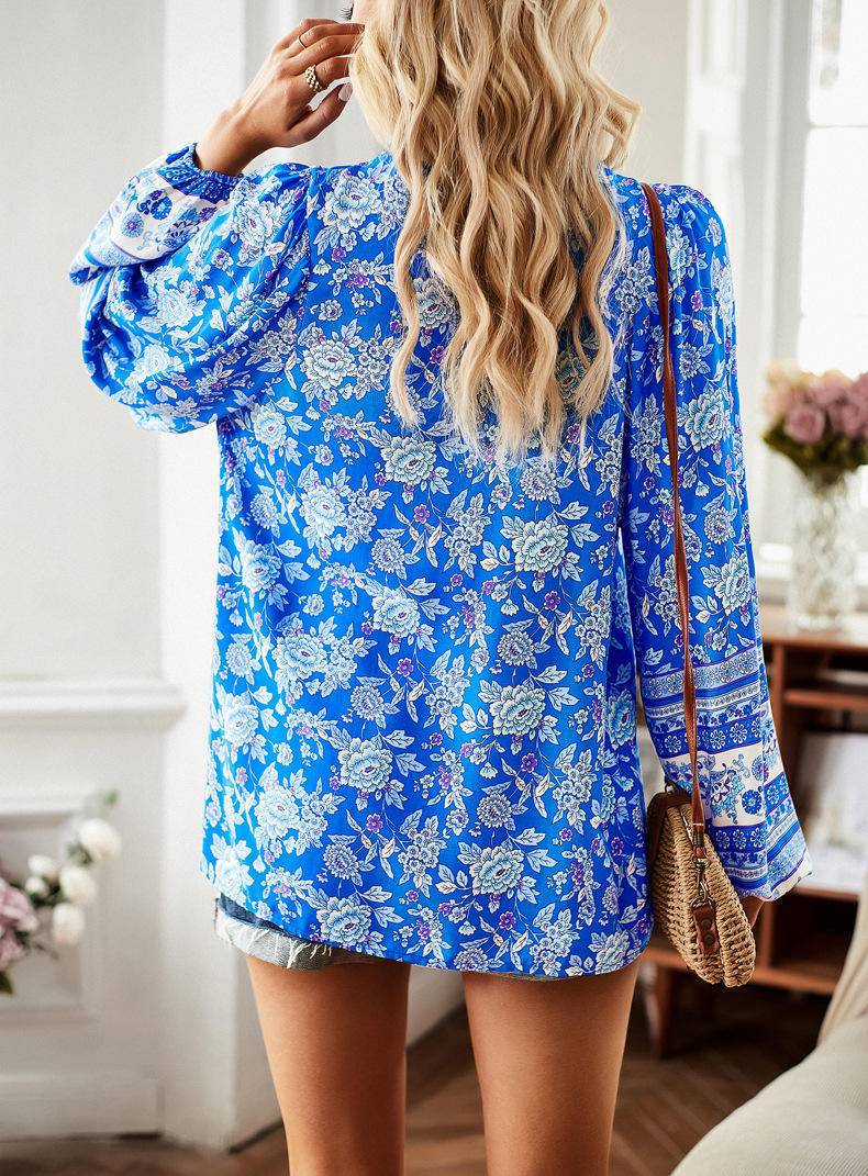 Boho All Over Print Long Sleeve Front Tie Blouse - Mulberry Skies