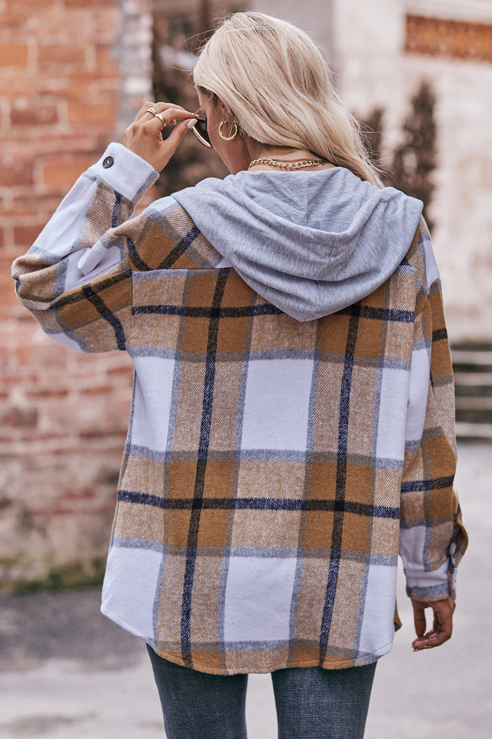 Plaid Dropped Shoulder Hooded Jacket - Mulberry Skies