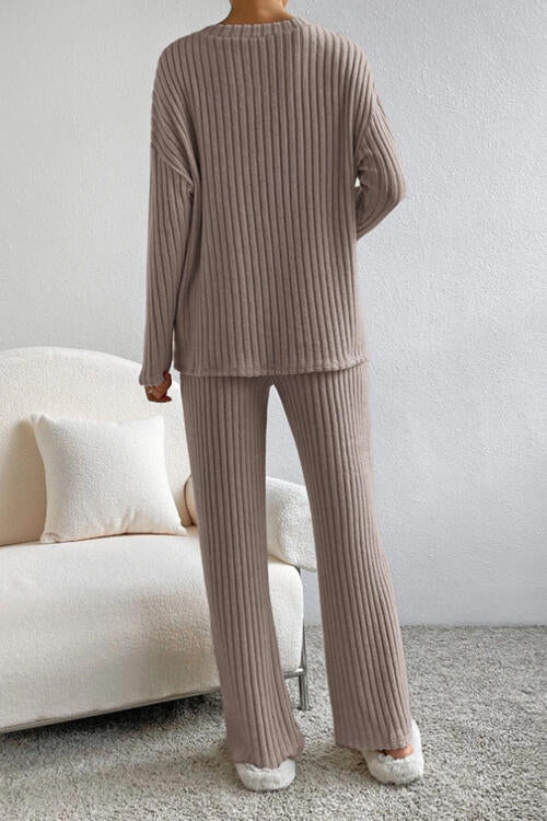 Ribbed V-Neck Top and Pants Set - Mulberry Skies