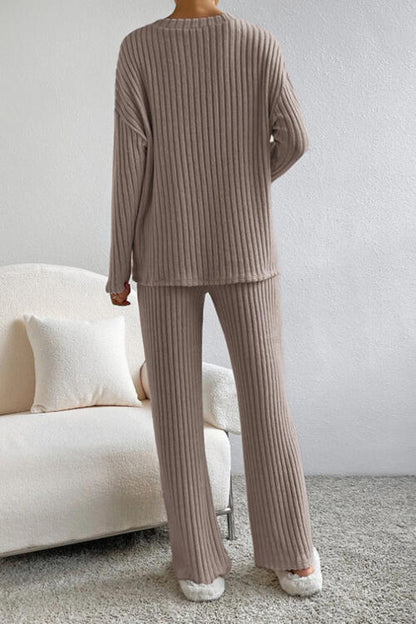 Ribbed V-Neck Top and Pants Set - Mulberry Skies