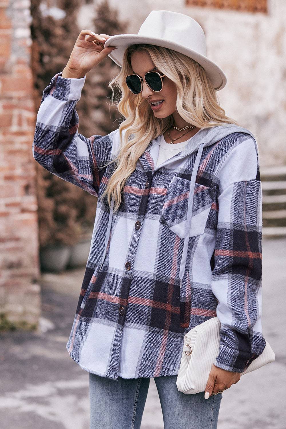 Plaid Dropped Shoulder Hooded Jacket - Mulberry Skies