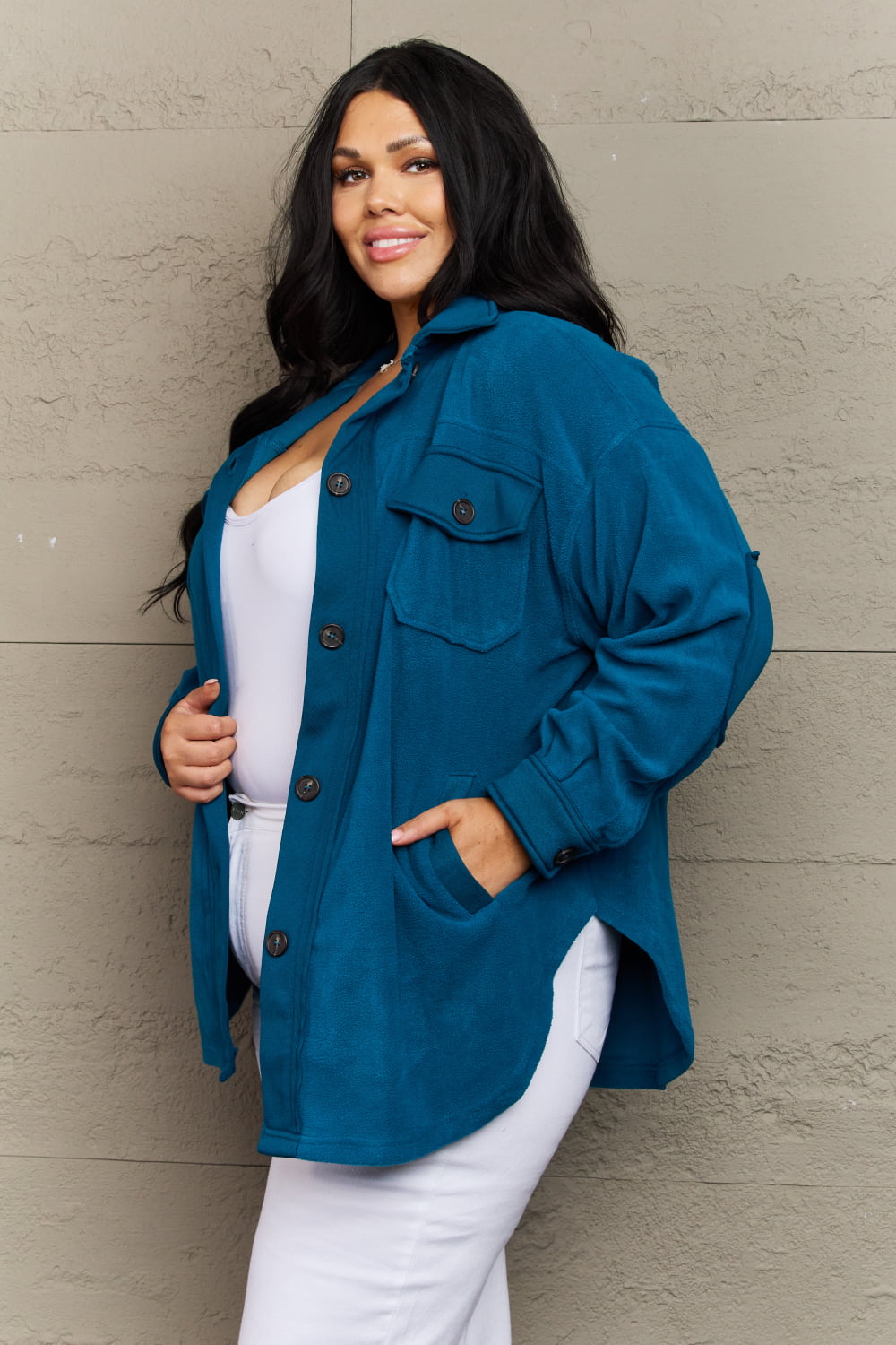 Cozy in the Cabin Fleece Elbow Patch Shacket in Teal - Mulberry Skies