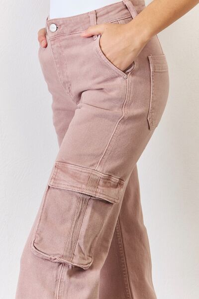 RISEN High Rise Cargo Wide Leg Jeans - Mulberry Skies