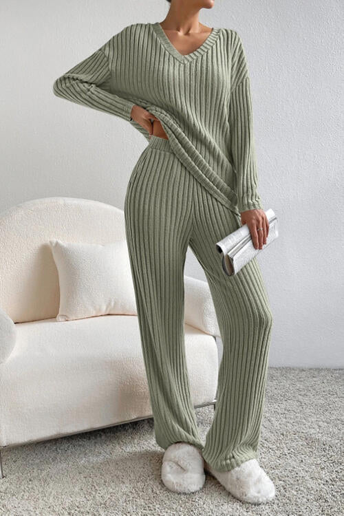 Ribbed V-Neck Top and Pants Set - Mulberry Skies