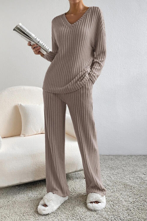 Ribbed V-Neck Top and Pants Set - Mulberry Skies