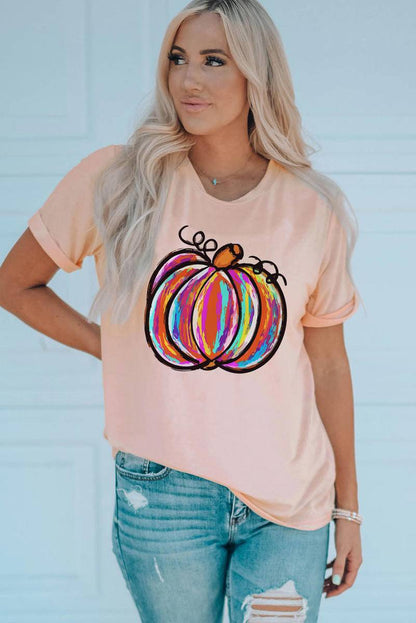 Colorful Pumpkin Graphic Casual T-Shirt - Mulberry Skies