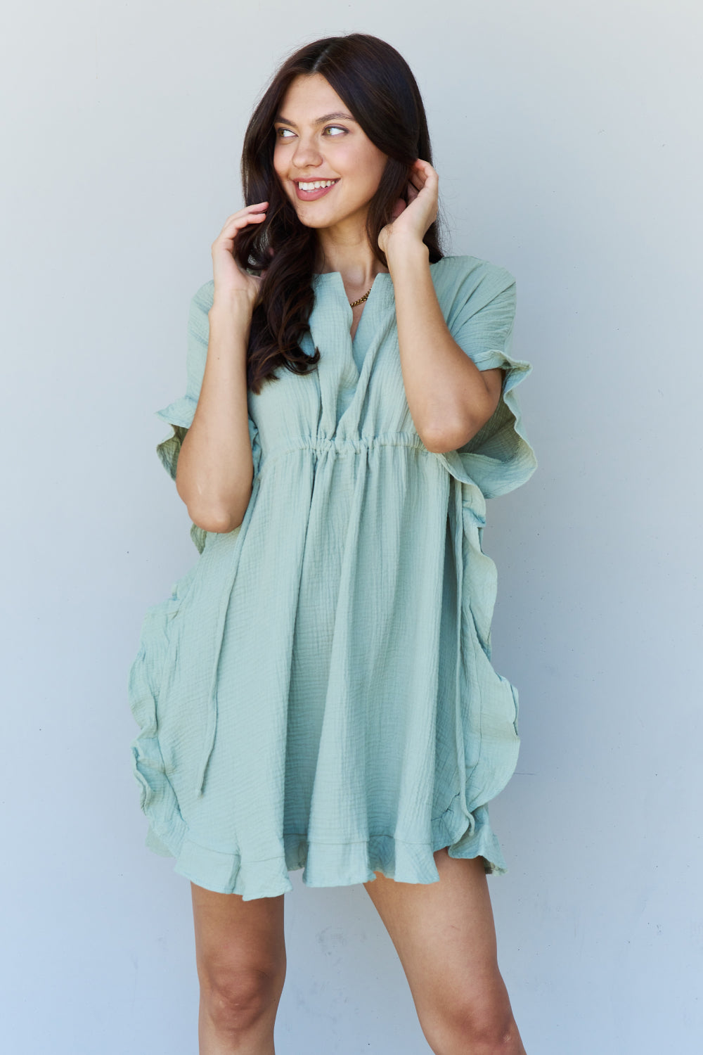 Ninexis Out Of Time Full Size Ruffle Hem Dress with Drawstring Waistband in Light Sage - Mulberry Skies