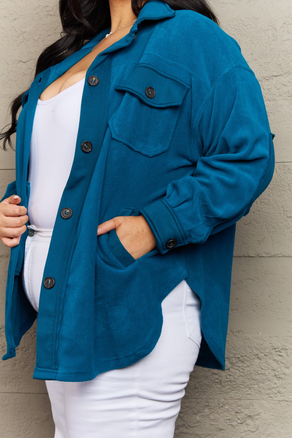 Cozy in the Cabin Fleece Elbow Patch Shacket in Teal - Mulberry Skies