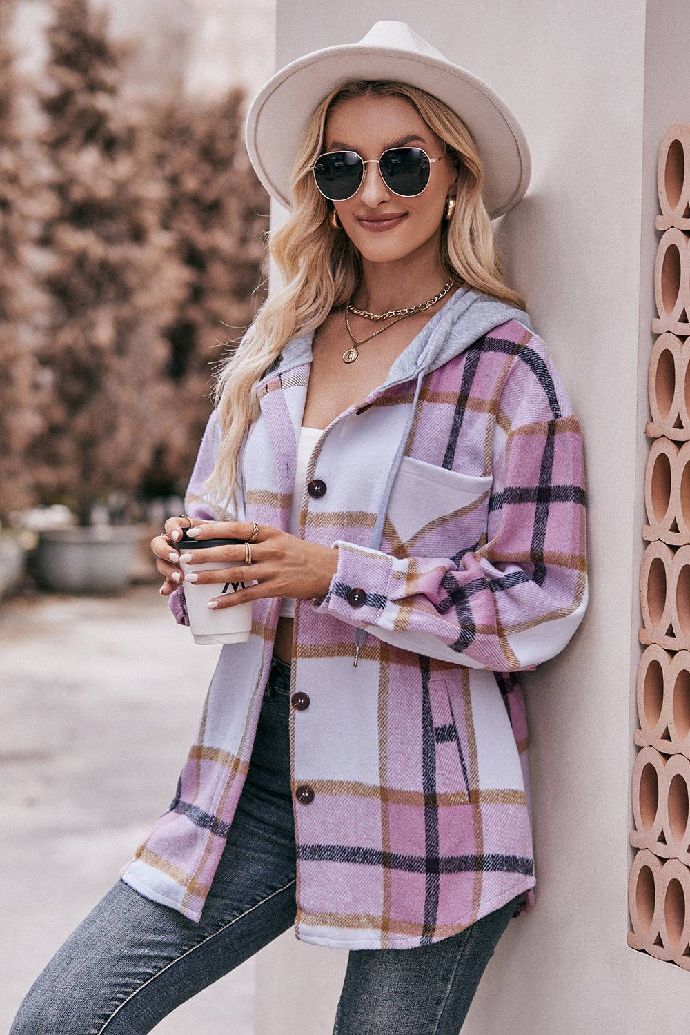 Plaid Dropped Shoulder Hooded Jacket - Mulberry Skies