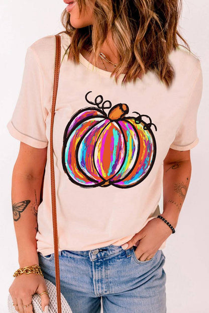 Colorful Pumpkin Graphic Casual T-Shirt - Mulberry Skies