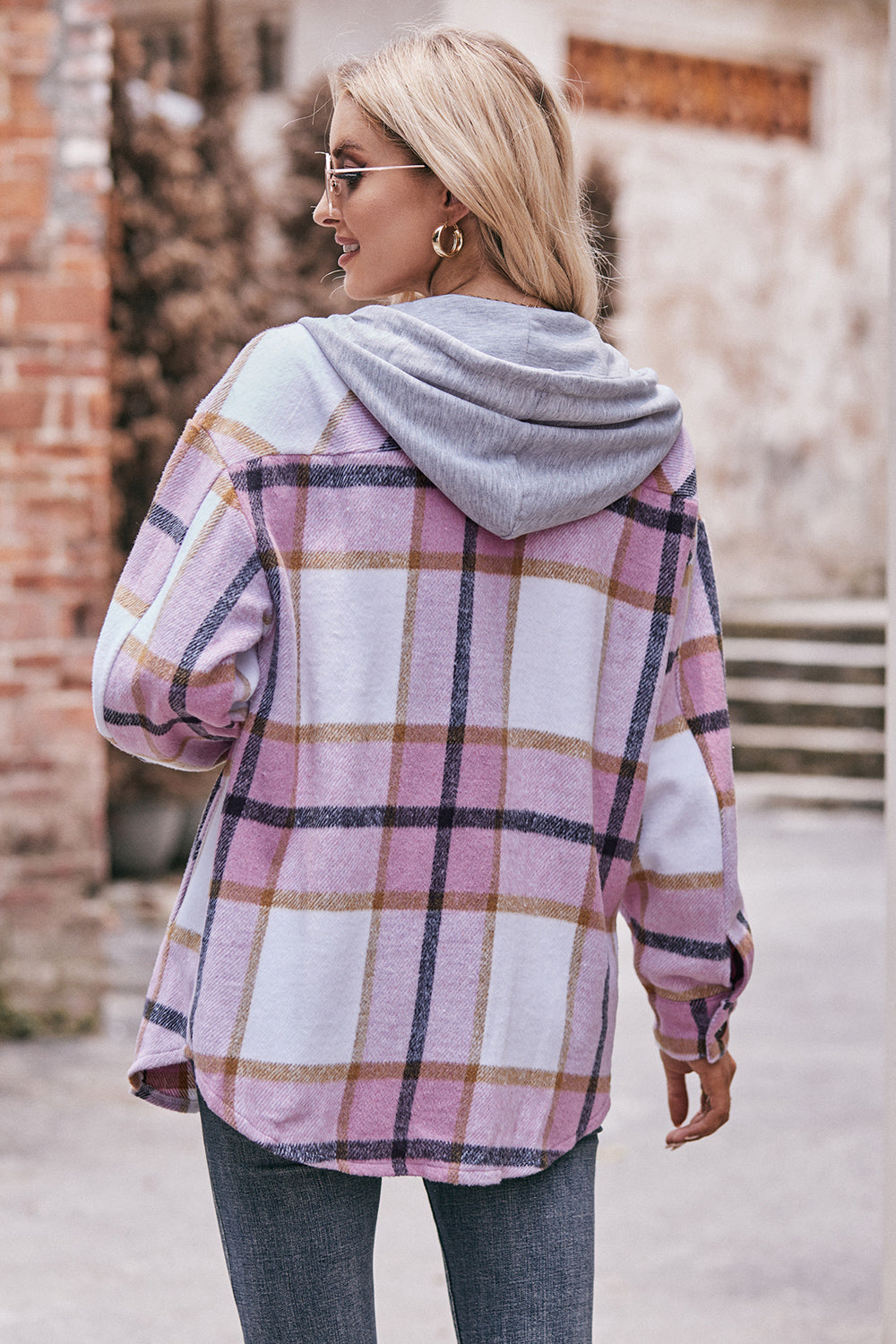 Plaid Dropped Shoulder Hooded Jacket - Mulberry Skies