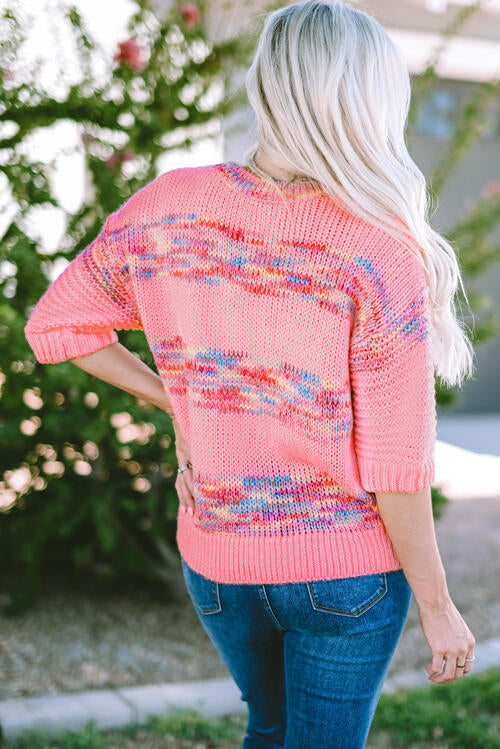 Full Size Heathered Round Neck Half Sleeve Sweater - Mulberry Skies