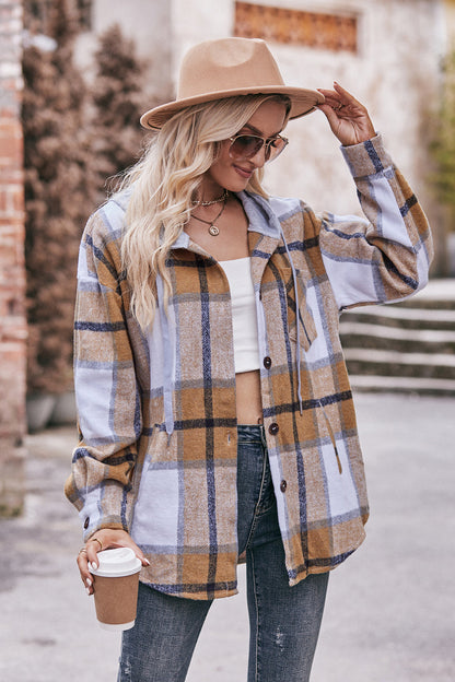 Plaid Dropped Shoulder Hooded Jacket - Mulberry Skies