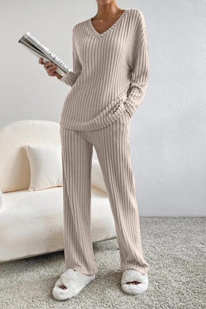 Ribbed V-Neck Top and Pants Set - Mulberry Skies