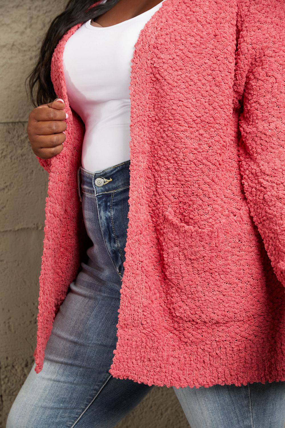 Falling For You Open Front Popcorn Cardigan - Strawberry - Mulberry Skies