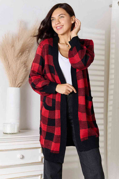 Plaid Open Front Cardigan with Pockets - Mulberry Skies