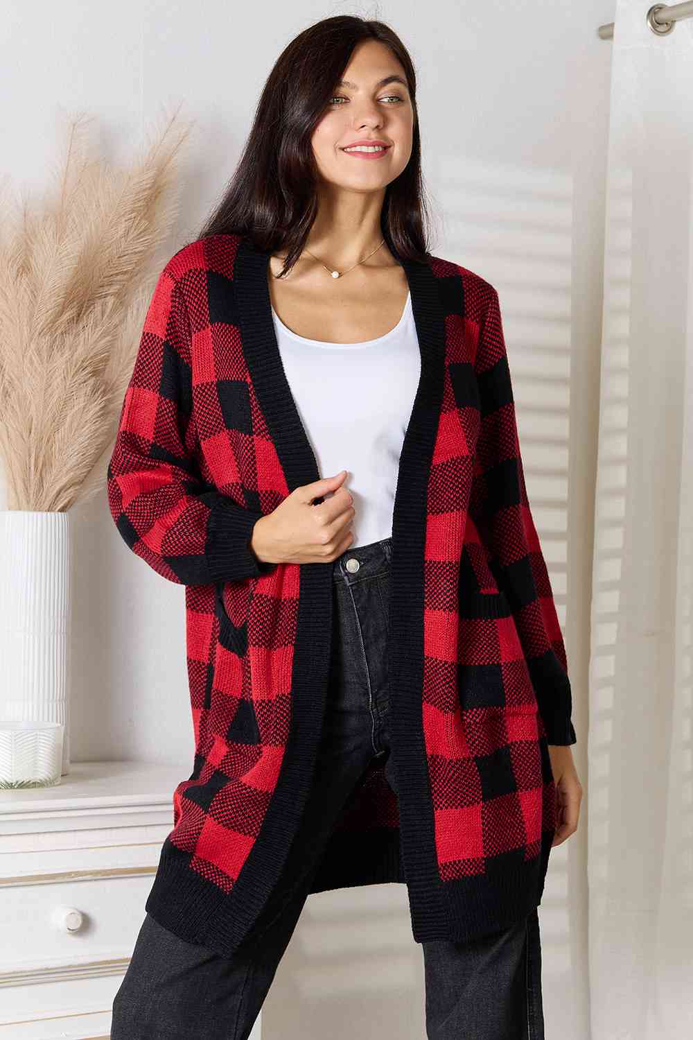 Plaid Open Front Cardigan with Pockets - Mulberry Skies