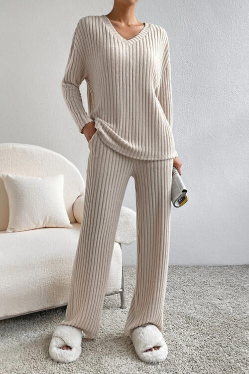 Ribbed V-Neck Top and Pants Set - Mulberry Skies