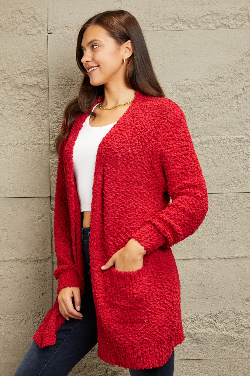 Falling For You Open Front Popcorn Cardigan - Red - Mulberry Skies