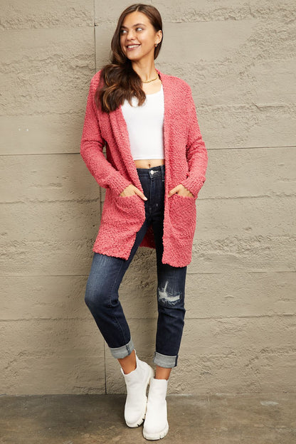 Falling For You Open Front Popcorn Cardigan - Strawberry - Mulberry Skies
